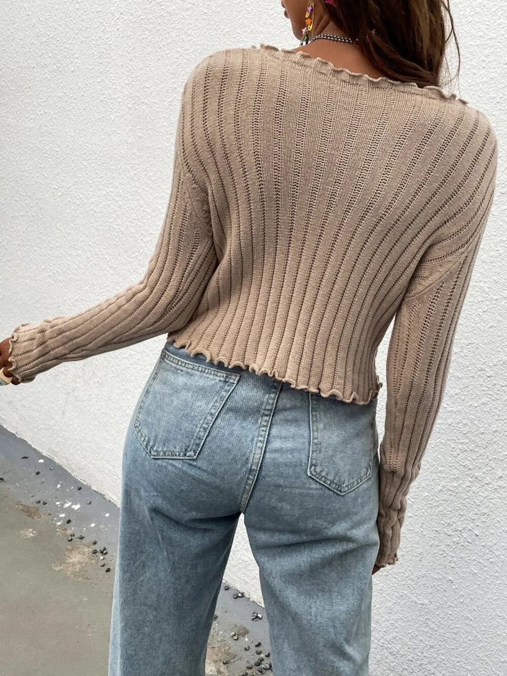 Khaki Casual Women's Tie Front Lettuce Trim Crop Cardigan - Picture 2 of 6